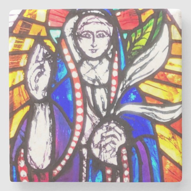 Stained Glass Design with Religious Figure. Stone Coaster (Front)