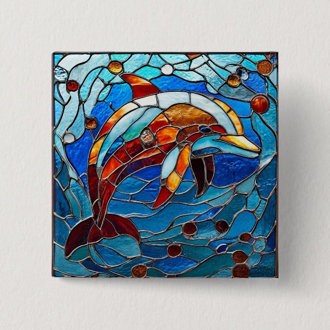 Stained glass dolphin 15 cm square badge (Front)