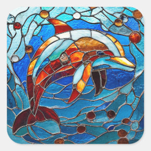 Stained glass dolphin square sticker