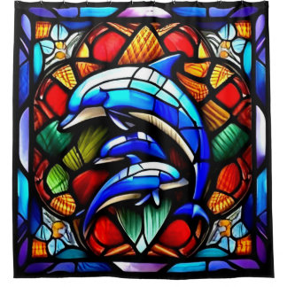 Stained Glass Dolphin's 2 Shower Curtain