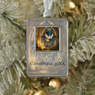 Stained Glass Dove Christmas Window Silver Plated Framed Ornament