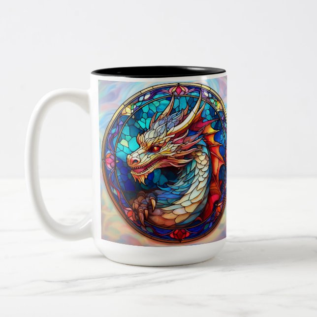 Stained Glass Dragon Left Handed Drinker Two-Tone Coffee Mug (Left)