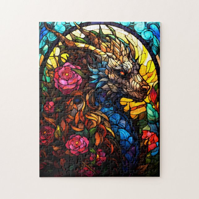 Stained Glass Dragon with Flowers Puzzle (Vertical)