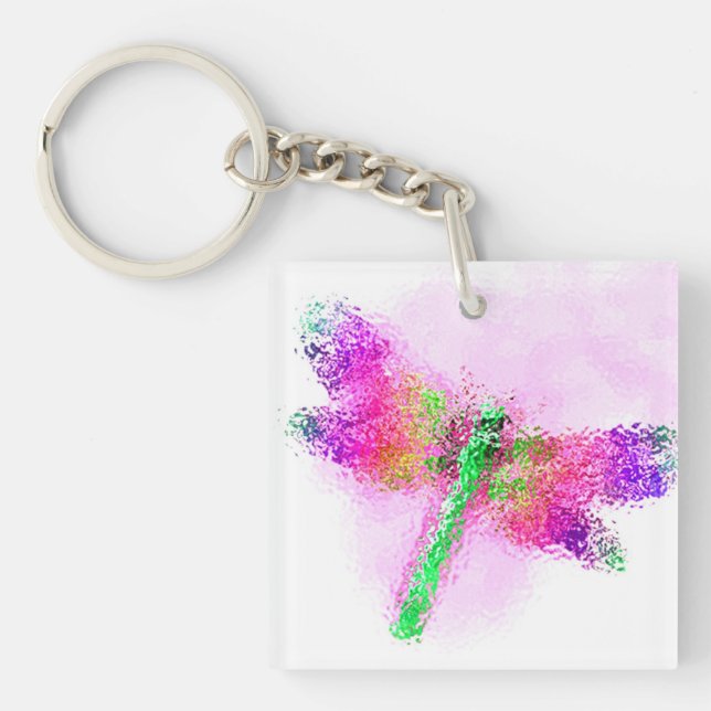 Stained Glass Dragonfly Art (pink) Key Ring (Front)