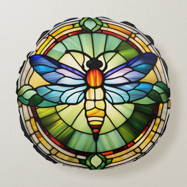 Stained Glass Dragonfly Round Cushion (Front)
