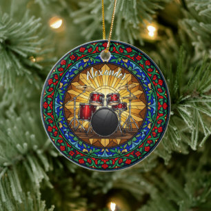 Stained Glass Drums Custom Name Christmas Ceramic Ornament
