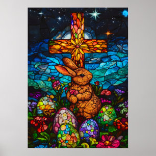 Stained Glass Easter Bunny Egg Cross Resurrection Poster