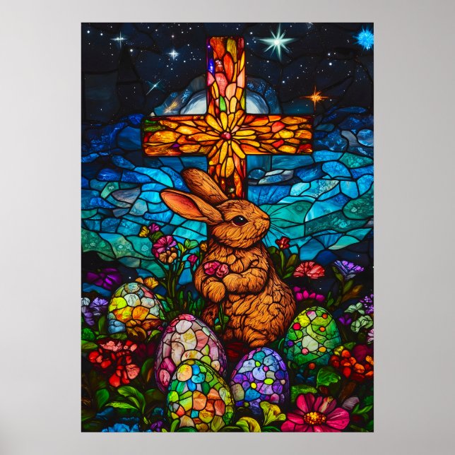Stained Glass Easter Bunny Egg Cross Resurrection Poster (Front)