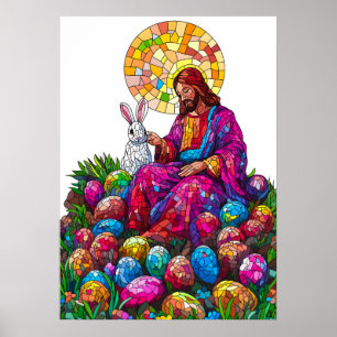 Stained Glass Easter Bunny Jesus  Poster