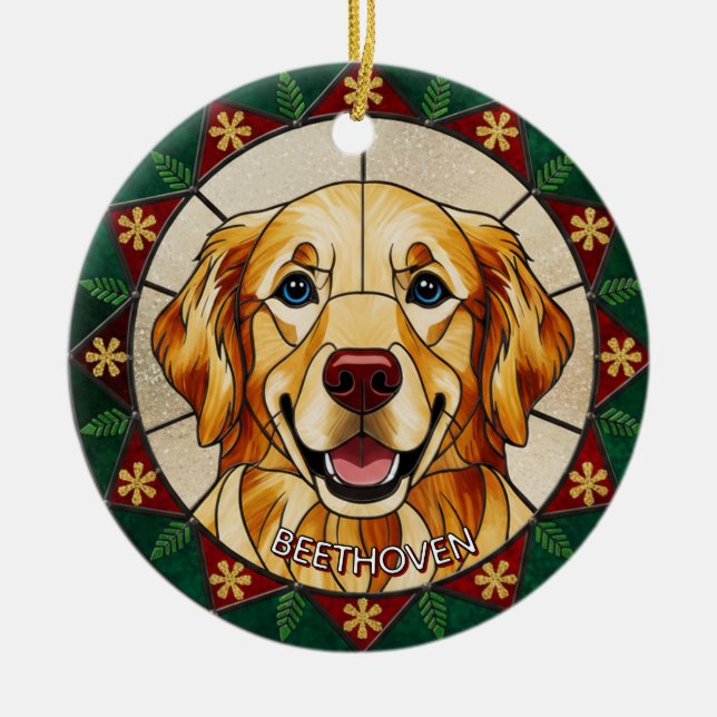 Stained glass effect DOG'S name Christmas  Ceramic Ornament (Front)