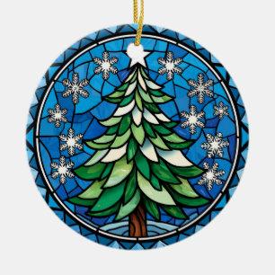 Stained Glass Evergreen Snowflakes Art Ceramic Ornament