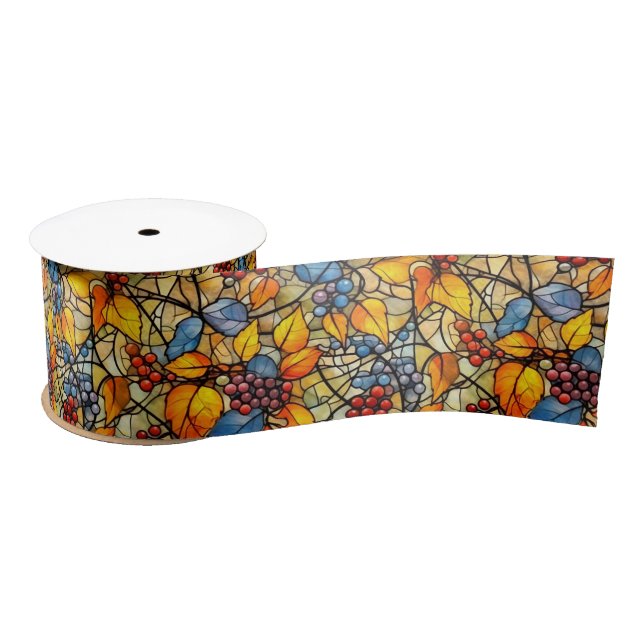Stained Glass Fall Leave Pattern Satin Ribbon (Spool)