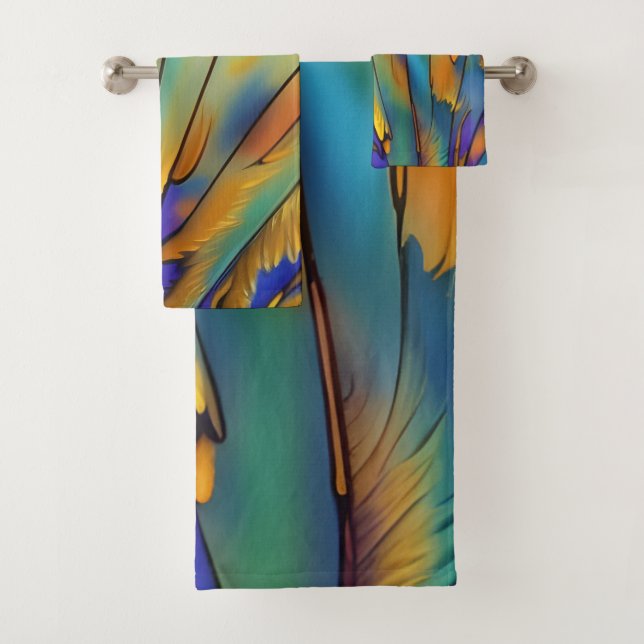 Stained Glass Feather AI Abstract Art   Bath Towel Set (Insitu)