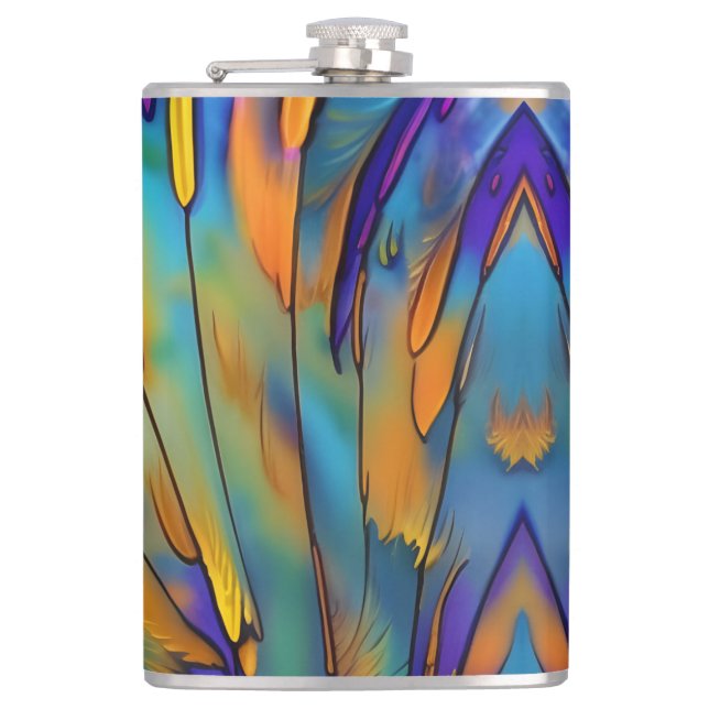 Stained Glass Feather AI Abstract Art  Hip Flask (Front)