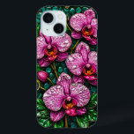 Stained Glass Featuring Pink Orchids iPhone 15 Case<br><div class="desc">Artistic composition of intricate pink orchids in a stained glass style with jewel accents framed beautifully,  highlighting elegance and charm.</div>