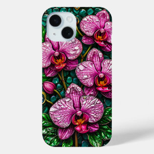 Stained Glass Featuring Pink Orchids iPhone 15 Case