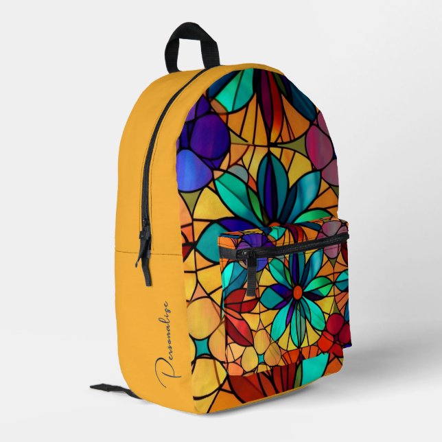 Stained Glass Floral Abstract Pattern Personalised Printed Backpack (Back Corner Left)