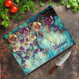 Stained glass floral blue purple cutting board