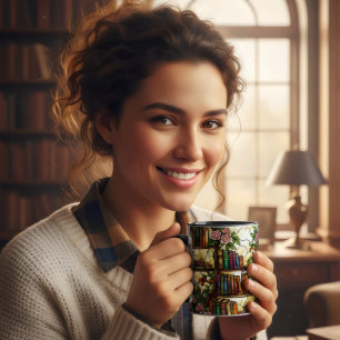 Stained glass floral bookshelf book lover coffee mug