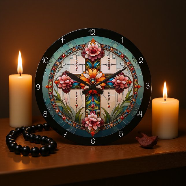 Stained Glass Floral Cross  Large Clock (Creator Uploaded)