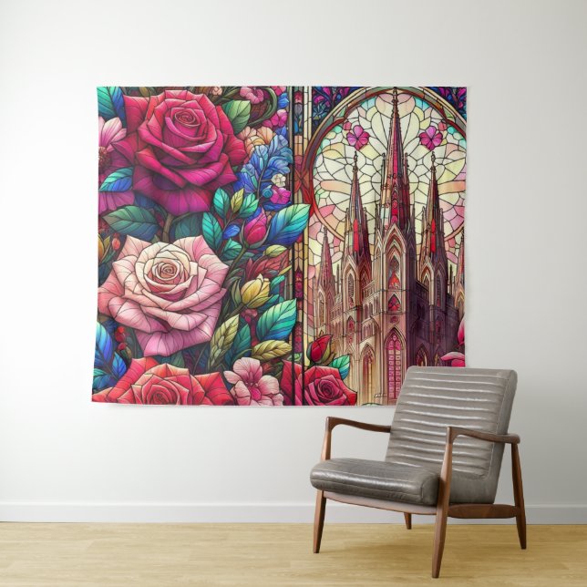 Stained Glass Floral Design Tapestry (In Situ (Horizontal))