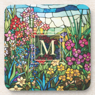 Stained Glass Floral Garden Monogram Coaster Set