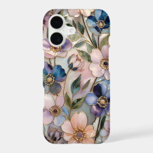 Stained Glass Floral iPhone Case Blue Pink Gold