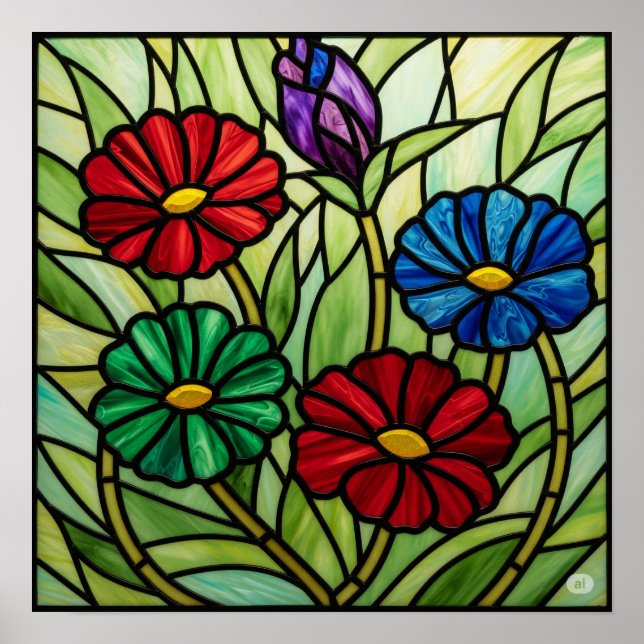 Stained Glass Floral Mosaic Art Poster (Front)