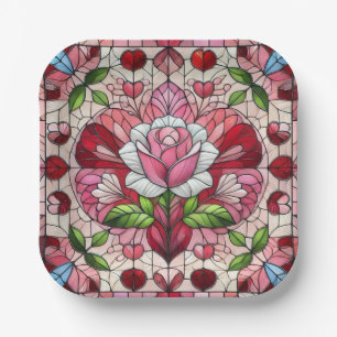 Stained glass floral Valentine's day Paper Plate