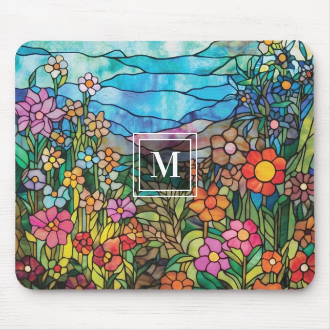 Stained Glass Flower Garden Monogram Mousepad (Front)