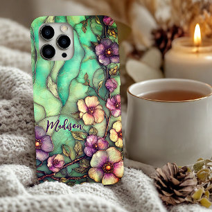 Stained glass flowers turquoise iPhone 16 case