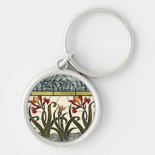 Stained Glass Flowers with Tan Border Key Ring (Front)