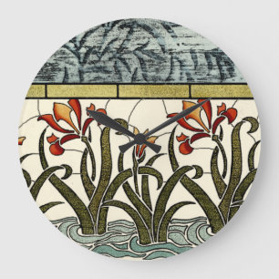 Stained Glass Flowers with Tan Border Large Clock