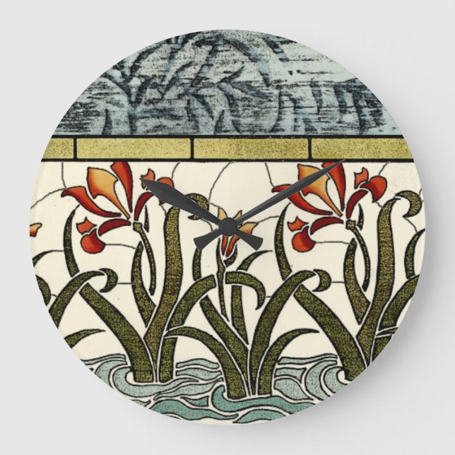Stained Glass Flowers with Tan Border Large Clock (Front)