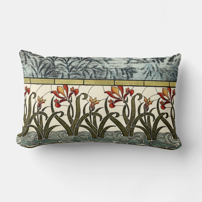 Stained Glass Flowers with Tan Border Lumbar Cushion (Front)