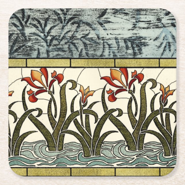 Stained Glass Flowers with Tan Border Square Paper Coaster (Front)