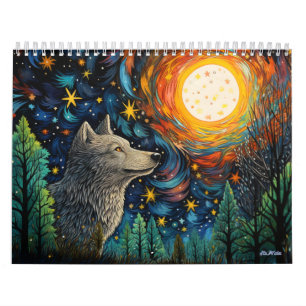 stained glass forest wolf with moon calendar 2024