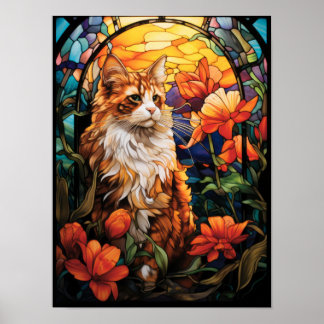 Stained Glass Ginger Cat with Orange Flowers Poster