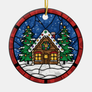 Stained Glass Gingerbread House Ceramic Ornament