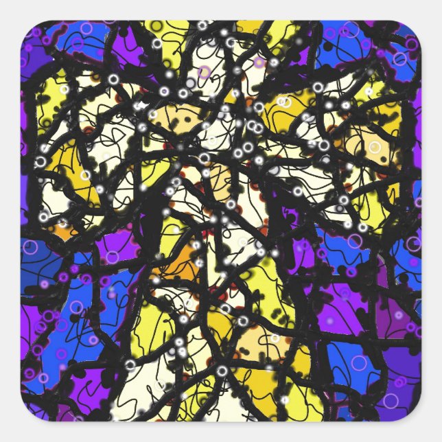 Stained glass gold Cross Square Sticker (Front)