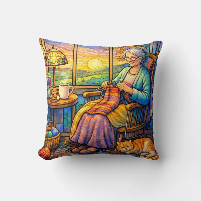 Stained Glass Grandma Knitting, Cat & Cozy Home  Cushion (Front)