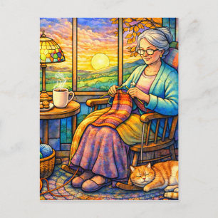 Stained Glass Grandma Knitting, Cat & Cozy Home Postcard