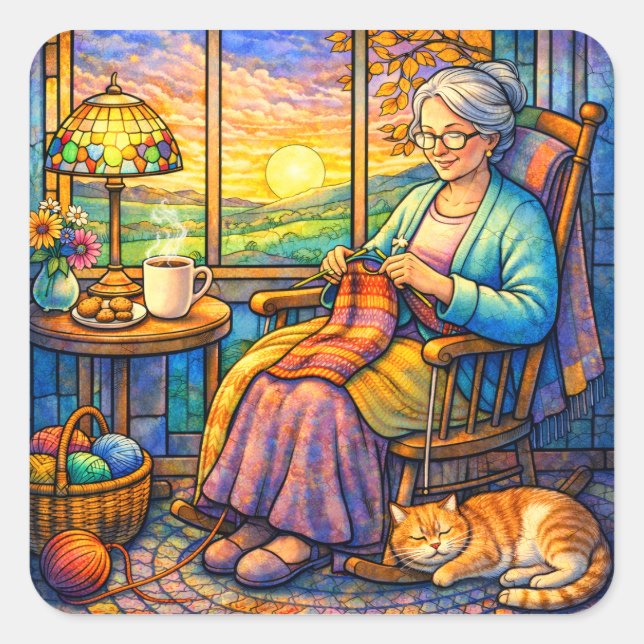 Stained Glass Grandma Knitting, Cat & Cozy Home  Square Sticker (Front)