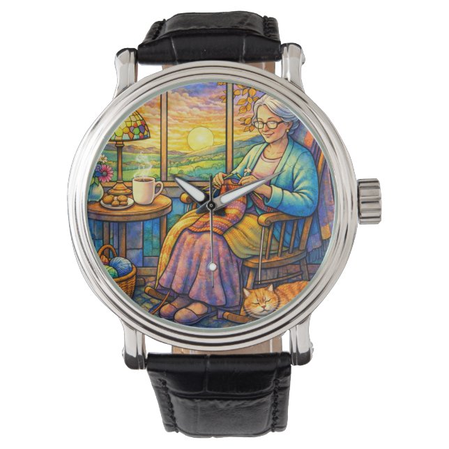 Stained Glass Grandma Knitting, Cat & Cozy Home  Watch (Front)