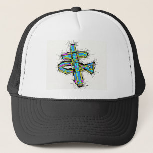 Stained glass graphic of The Cross and The Fish. Trucker Hat
