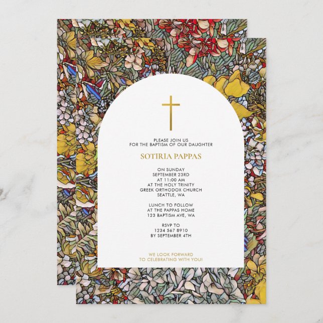 Stained Glass Greek Orthodox Christening Baptism Invitation (Front/Back)