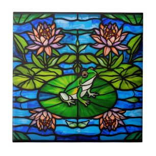 Stained Glass Green Frog and Water Lily Flowers Ceramic Tile