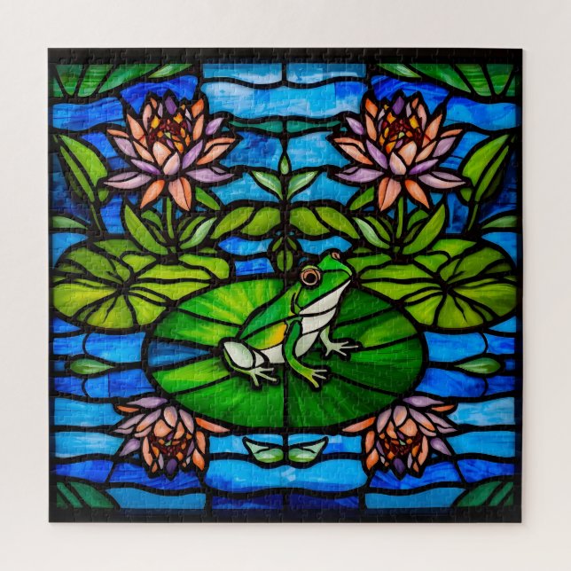 Stained Glass Green Frog and Water Lily Flowers  Jigsaw Puzzle (Vertical)