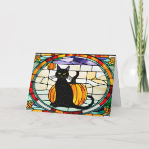 Stained Glass Halloween Black Cat Holiday Card