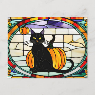 Stained Glass Halloween Black Cat Holiday Postcard